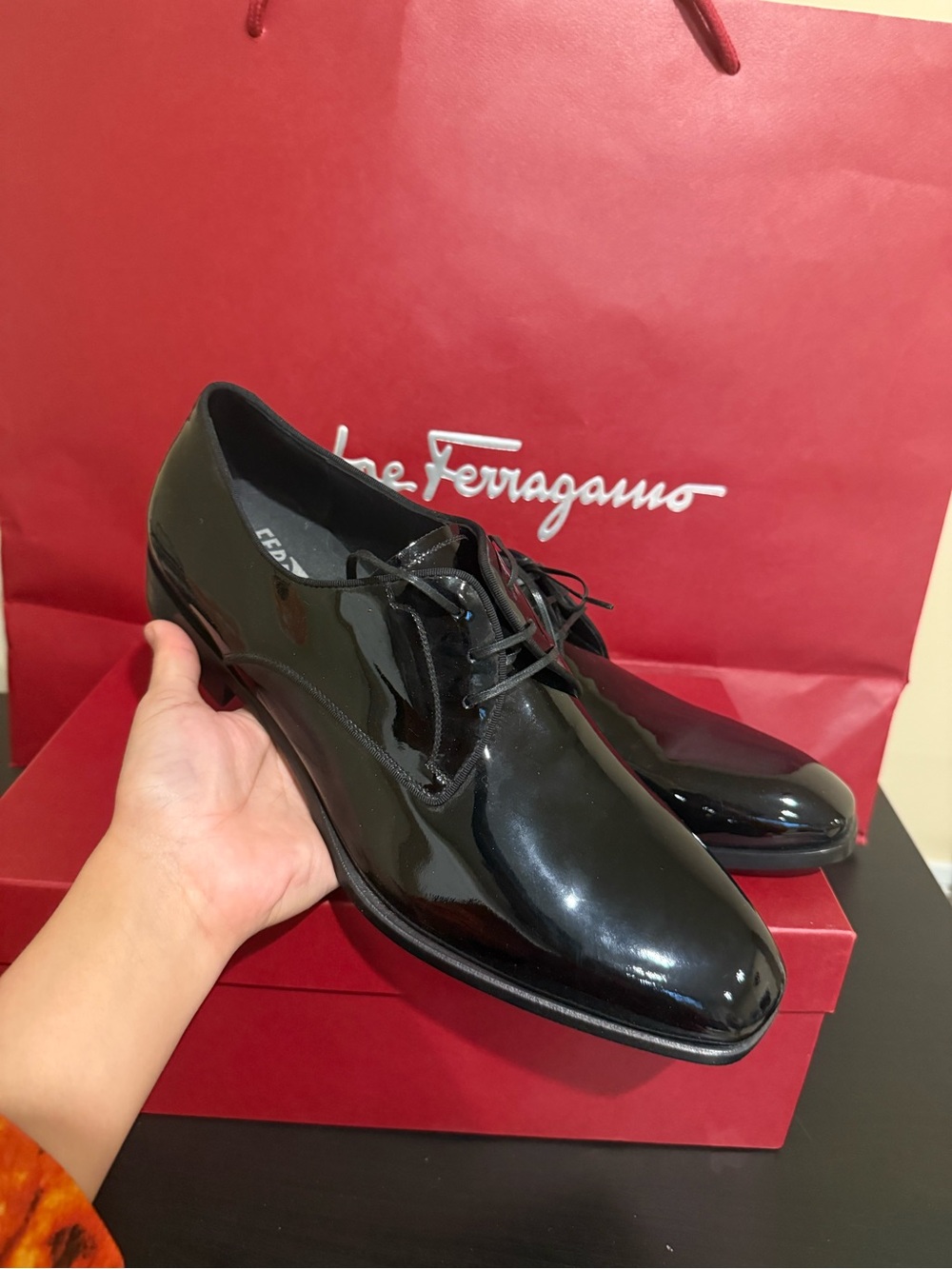 Salvatore Ferragamo Black Patent Leather Men Lace-Up Oxfords size 9.5E